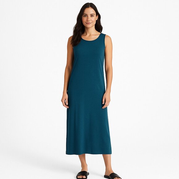 Eileen Fisher Tencel Lyocell Tank Midi Dress Teal Minimalist Capsulecore Size L - Picture 2 of 11